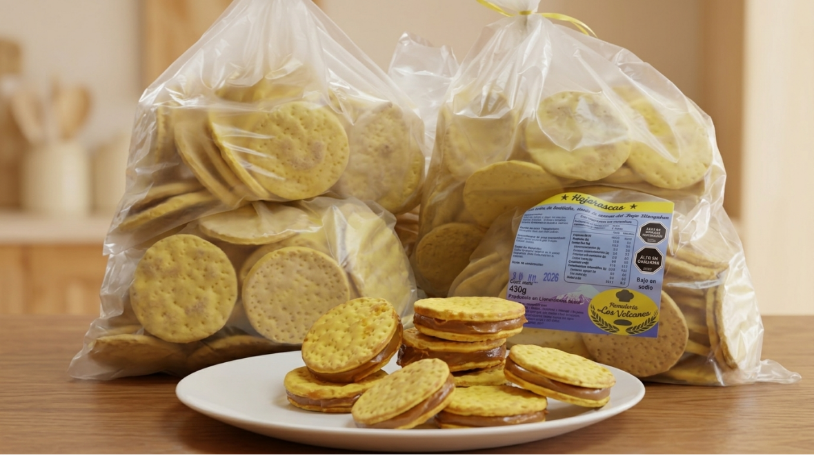 Paquetes de hojarascas sobre mesa de madera junto a alfajores